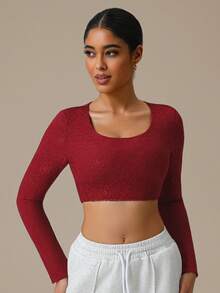 Sodalemon Women 1PC Fitness Training Long Sleeve Elastic Crop Top Workout Casual Yoga Gym Lace Sport T-Shirt - Red - View 5