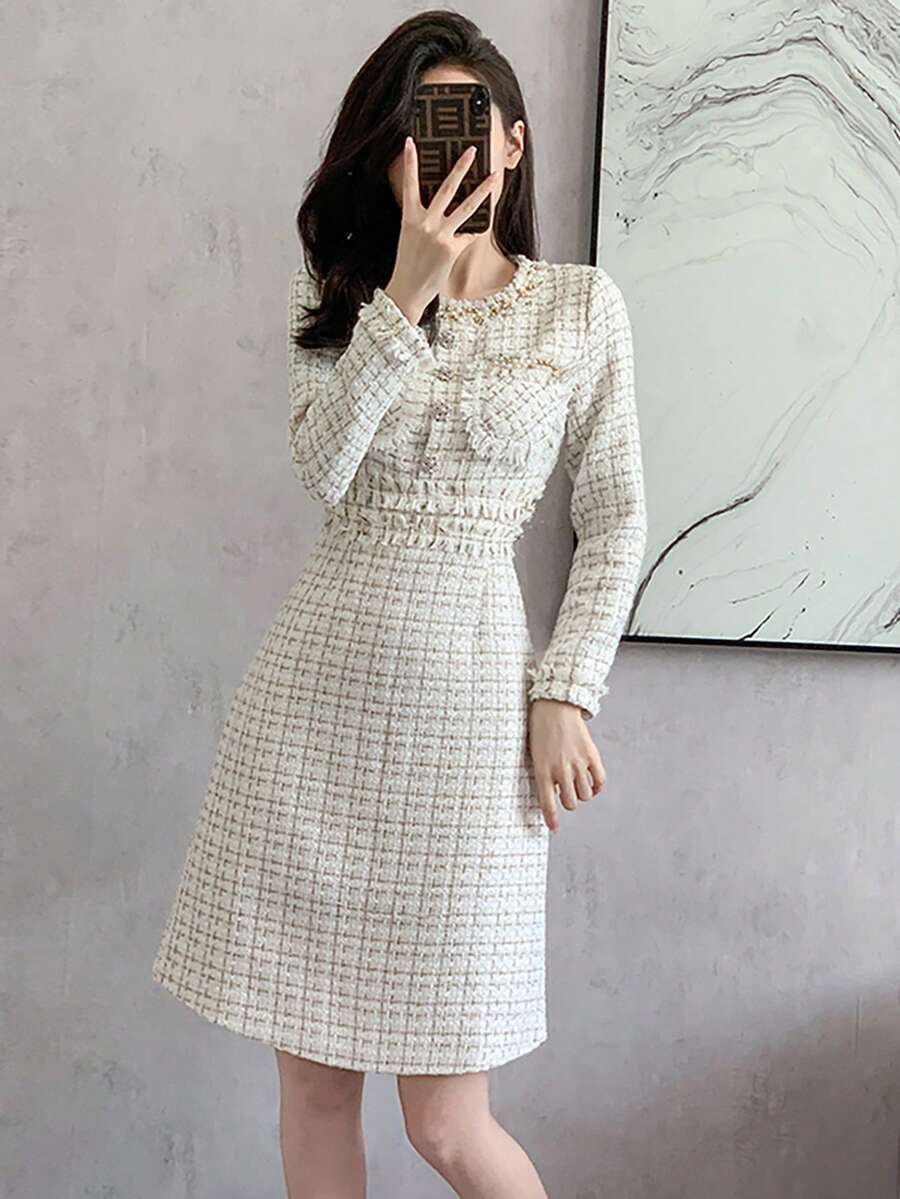 RUIWY 女士春夏长袖休闲串珠优雅格子收腰修身杏色连衣裙