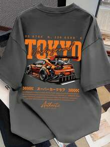 Teen Boy Loose Plus Size Leisure Fashion Racing Slogan Pattern Printed Round Neck Short Sleeve T-Shirt Joker Leisure Sports Youth Summer Coat,Suitable For School, Vacation And Shopping Outfits,Back To School