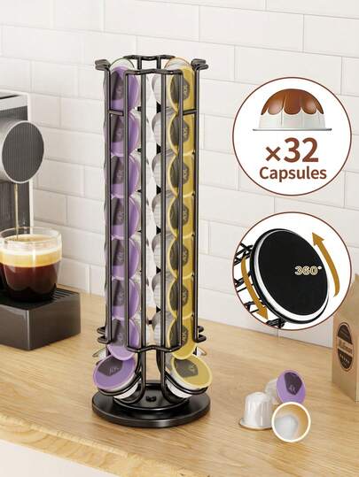 1pc Rotating Coffee Bean Display Rack, Holds 24/32 Coffee Beans, Coffee Capsule Storage Box, Iron Coffee Capsule Display Rack, Rotating Coffee Bean Stand, Suitable For Home And Office, Fits 5.28cm Diameter Coffee Capsules, Gift For Mom, Father's Day, Girlfriend, Boyfriend, Friends