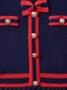 Girls' Sweater Dress, Fashionable Elegant British Style Contrast Color Bow Fake Pocket Round Neck Long Sleeve Princess Dress, Suitable For 3-11 Years Old Girls, A-Line Pleated Skirt, Warm Knitted Dress For Autumn/Winter - Navy Blue - View 4