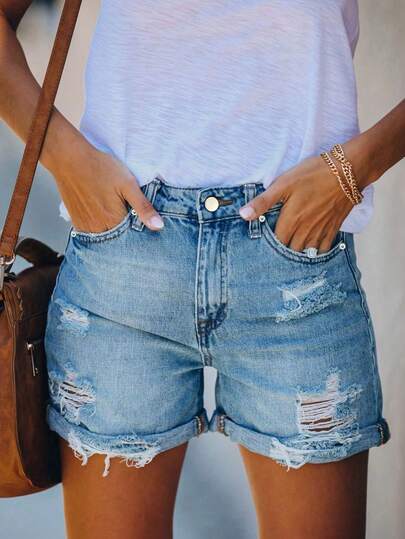 Bohemian Style Women's Denim Shorts With Pattern, Featuring Distressed Details, Raw Edges, Pockets And Straight Leg, Non-Stretch Casual Fit Summer