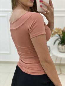 Women's Ribbed Off-The-Shoulder Short Sleeve Blouse, Super Fashionable!! - HOA HỒNG - Xem 2