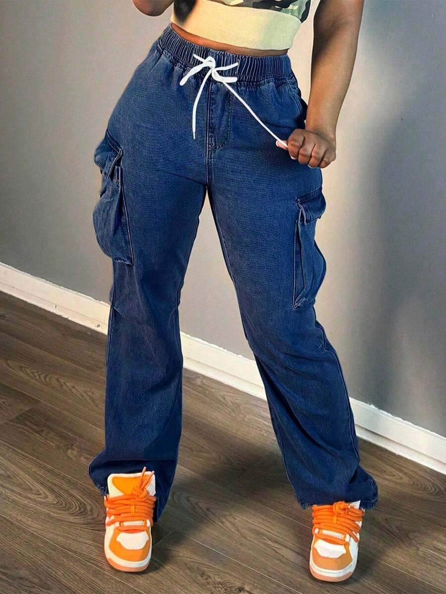 Jeans rectos para mujer: con cordón y múltiples bolsillos, adecuados para todo tipo de ocasiones diarias - Azul lavado oscuro - Ver 1