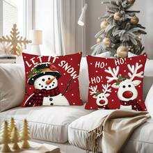 4pcs Christmas Theme Pillow Covers, Merry Christmas Cute Reindeer & Snowman Pattern, Minimalist Peach Velvet Single-Sided Printed Cushion Covers With Zipper Closure, No Pillow Insert Included, Striped Decorative Pillow Covers For Sofa, Bed, Chair, Bedroom, Living Room, Cabin Patio Decor - Red and White - View 4