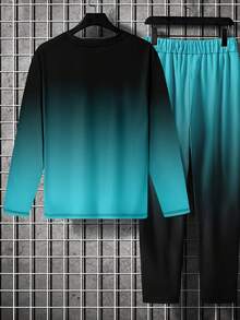 Men Ombre Letter Print Long Sleeve T-Shirt And Pants Set, Fall Clothes