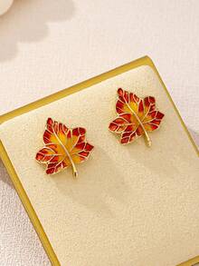 1 par de pendientes de botón con diseño de hoja de arce retro y versátil para mujeres - Multicolor - Ver 2