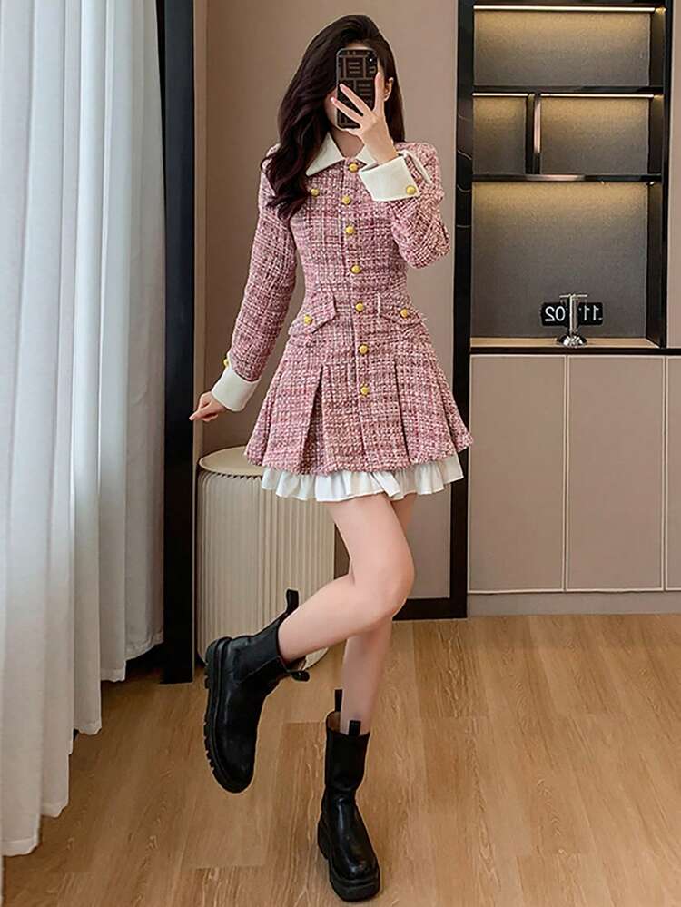 RUIWY 女士秋冬加厚二合一收腰迷人褶皱纽扣中长连衣裙，甜美时尚 - 粉色 - 查看 2