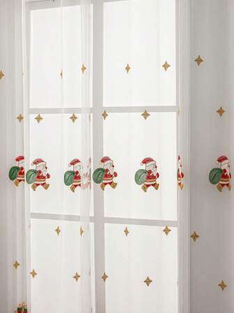 1 件圣诞节装饰红色刺绣圣诞老人蕾丝边薄纱窗帘适用于卧室、客厅、书房、阳台