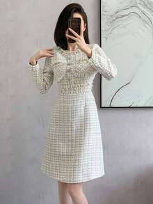 RUIWY 女士春夏长袖休闲串珠优雅格子收腰修身杏色连衣裙