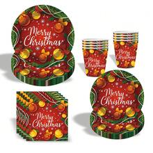 10 قطعة من أطباق وفوط ورقية مجموعة لحفلة عيد الميلاد بألوان أحمر وأخضر، أجراس، شجرة عيد الميلاد، مناسبة لحفلة عائلية بموضوع عيد الميلاد