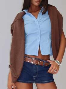 Women Y2k Button Down Shirt Top Tie Back Blouse Cap Sleeve Lapel Ruched Front Slim Fit T Shirts Crop Tops Summer Casual Going Out Tops Vintage Aesthetic Clothes Retro Blouse Streetwear - 藍色 - 查看 6