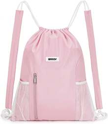WANDF Drawstring Backpack With Shoulder Pad Sports Gym Backpack With Mesh Pocket String Bag Women Men - Pink - View 9