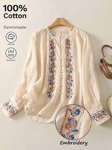 Women's Vintage Embroidered Loose Bohemian Style Blouse, Casual Cotton Top For Spring & Autumn - Apricot - View 3