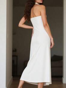 Elegant White Halter V-Neck Maxi Dress - Draped Waist And Deep V Neckline, Women's Formal Bridal Guest Gown For Black Tie Galas And Summer Evening Soirées - trắng - Xem 3