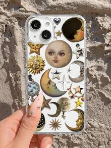 1pc Fashionable Personalized Face, Moon & Star Pattern Full Coverage TPU Phone Case Compatible With IPhone 16/16Pro/16Plus/15/15ProMax/15Pro/11/12/13/14ProMax/12Mini/13Mini/11Pro/11ProMax/12Pro/12ProMax/13Pro/13ProMax/14Pro/14ProMax, Soft Creative High-End Design - Multicolor - View 2