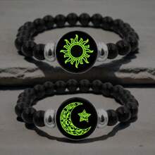 Illusory 复古风格夜光太阳和月亮情侣皮革腕带，多层串珠编织，配人造水晶吊饰，男女通用朋克 PU 皮革友谊腕饰，送给学生和朋友的礼物
