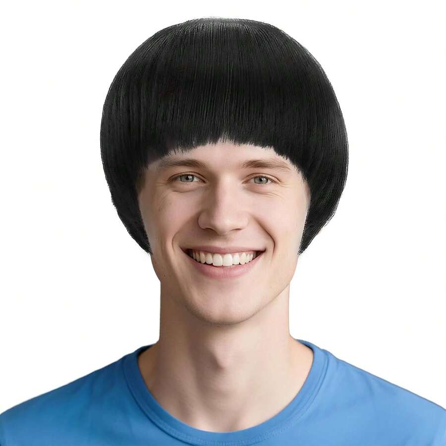 GLAMNOW Short Mushroom Wig For Men-Synthetic 60s Bowl Cut Wigs For Anime Movie Music Costume Halloween Cosplay Party (Dark Brown) - Black - View 1