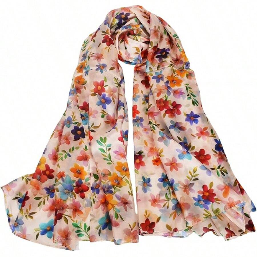100% Mulberry Silk Scarf For Women Lightweight Long Scarves Beach Wraps Cover Up -Travel Photography Scarfhalloween - .色彩繽紛的花卉粉紅色背景 - 查看 1