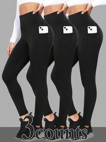 3-Pack Women Seamless Yoga Pants,High Waisted Butt Lifting,With Pockets,Tummy Control,Workout Running Yoga Leggings,Full Stretch Solid Black Leggings,Breathable Sweat-Wicking - 3件 - 查看 1