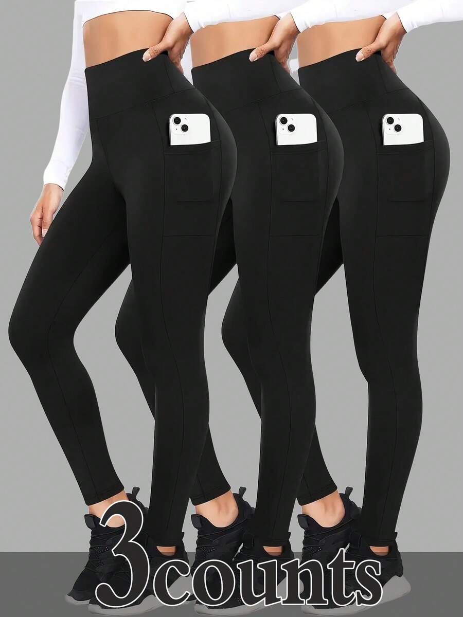 3-Pack Women Seamless Yoga Pants,High Waisted Butt Lifting,With Pockets,Tummy Control,Workout Running Yoga Leggings,Full Stretch Solid Black Leggings,Breathable Sweat-Wicking - 3件 - 查看 1