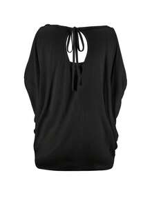 Plus Size - Women'S Oversized T-Shirt With Tropical Palm Tree & Sunset Design - Casual, Elegant Strapless Top In Black, Perfect For Summer Outfits Or Gifts, Summer Fashion Top | Tropical Print Top | Asymmetrical Hemline, Tropical Dress - 黑色 - 查看 2