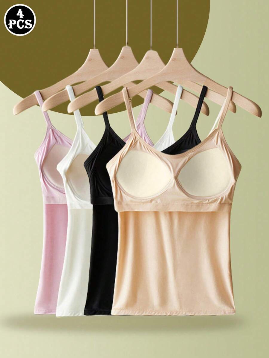 4pcs/Set Basic Camisole With Built-In Padded Bra, Workout - Multicolor - View 1