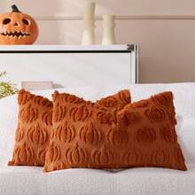 1pc Halloween Pumpkin Decorative Throw Pillow Cover, Front Embroidered Pumpkin, Reverse Plush Fabric, Square Cushion Cover, Holiday Home Pillow Decor, Soft Velvet Fabric, Modern Decor For Sofa, Home & Bedroom - Orange - View 4