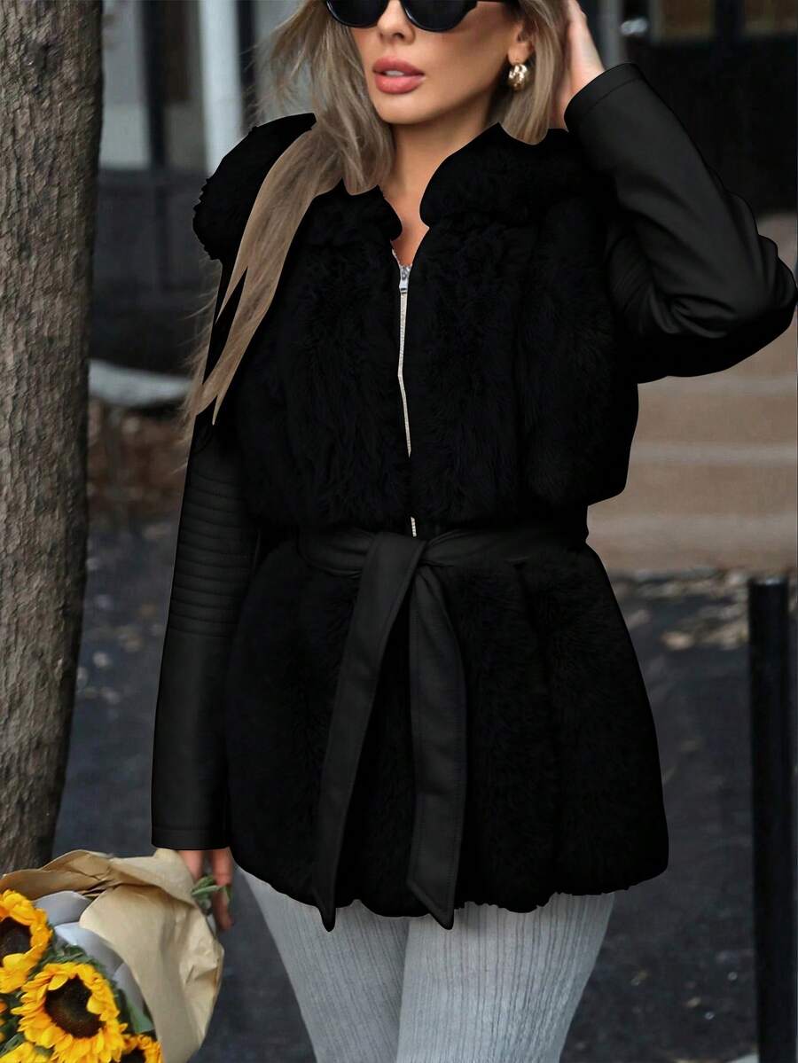 Giolshon 女士优雅仿皮草夹克，带兜帽、口袋和腰带，适合秋冬季穿着 - 黑色 - 查看 1