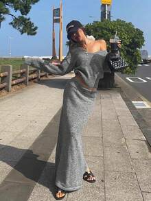 Damen Einfarbiges figurbetontes Crop Top mit V-Ausschnitt + lange Maxi Rock gestricktes Zweiteiler Kleid Set