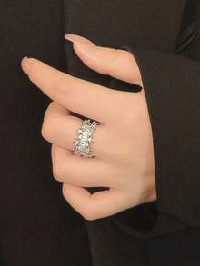 5pcs Elegant Copper Inlaid Cubic Zirconia Fashion Simple Chic Rings Set, Suitable For Wedding, Party, Holiday Gift, Bride