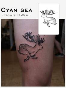 Waterproof And Sweat-Proof, Washable Temporary Tattoo Sticker. 1 Piece. PVC Material. Unique And High-Grade Design. Cute Style. Animal-Themed Tattoo. Cute Deer Pattern. Suitable For People For Daily Use. - Black - View 1