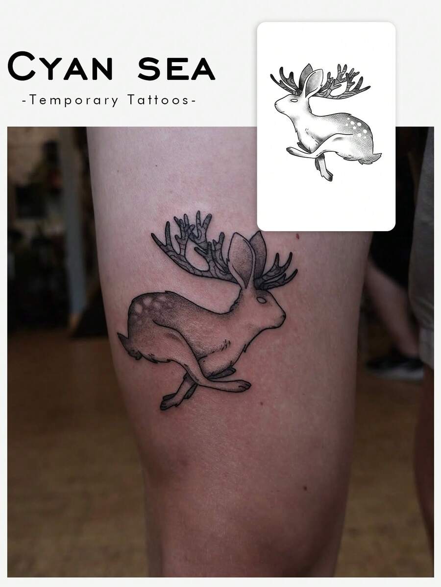 Waterproof And Sweat-Proof, Washable Temporary Tattoo Sticker. 1 Piece. PVC Material. Unique And High-Grade Design. Cute Style. Animal-Themed Tattoo. Cute Deer Pattern. Suitable For People For Daily Use. - Black - View 1