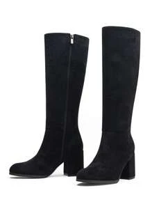 秋冬女士舒适经典百搭高筒靴，时尚女士黑色绒面圆头侧拉链粗跟及膝马靴