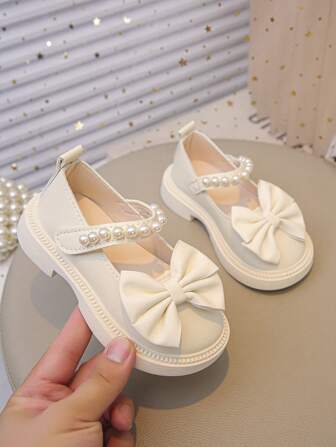 Girls' Cute Fashion Children's Leather Shoes, Spring/Autumn Bow Decor Pure White Children's Comfortable Outdoor Academy Flat Shoes, Infant Casual Shoes, All Season Shoes, Back To School Recommended