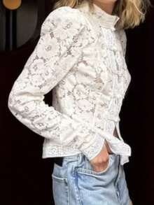 Women Lace Shirt, Long Sleeve Shirt Button-Down Slim Fit Elegant Fall Sheer Tops Clubwear - 白色 - 查看 6