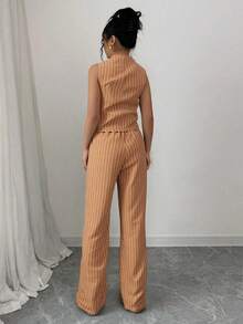 Conjunto de 2 piezas a rayas chaleco con botones y pantalon recto para mujer elegante oficina casual unitalla 28-32 - Naranja Quemada - Ver 2