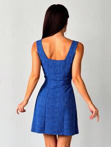 Vestido dama mujer elegante formal día noche tejido stretch cuadros escote amplio tirantes anchos botones decorativos bajo en A casual vacaciones primavera verano calle fiesta desayuno jardín calor - Azul - Ver 2