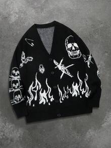 Unisex Retro Dark Style Patterned Long Sleeve Button-Up Knit Cardigan Sweater, Suitable For Spring, Autumn, Winter, European And Asian Fashion