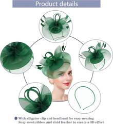 Ibeauti Fascinator Hats With Screentouch Lace Gloves Set Women Tea Party Cocktail Wedding Derby Headwear Short Gloves - 07 Xanh lá cây - Xem 4