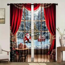 Conjunto de 2 Cortinas de Natal com Árvore de Natal - Bolso para Varão, Impressão Digital, Tecido de Poliéster, Apresentando Cena Natalina Nevosa com Boneco de Neve e Presentes, Decoração Vermelha e Branca Adequada para Sala de Estar, Cozinha, Quarto, Sala de Jantar, Decoração de Natal para Casa (Efeito Estampado, Sem Painéis de Cortina) Decorações de Natal Decoração de Casa Decoração de Quarto - Multicolorido - Ver 19