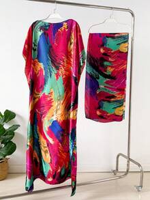 1pc Faux Silk Printed Robe, Shawl & Small Scarf Set, Women Coverup For Beach, Sun Protection, Daily Wear