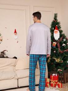 2pcs Men's Christmas Pajama Set, Cartoon Deer Pattern Comfortable Round Neck Long Sleeve Top And Loose Striped Pants - Multicolor - View 2