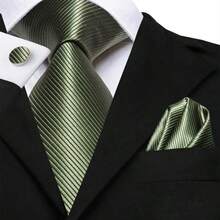 Olive Green Necktie Mens Tie  Handkerchief Cufflinks Set Wedding Formal - 橄欖綠 - 查看 1