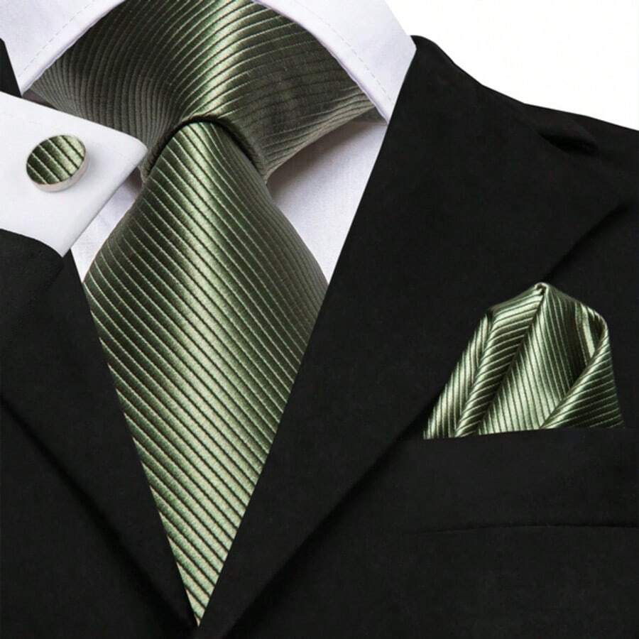Olive Green Necktie Mens Tie  Handkerchief Cufflinks Set Wedding Formal - 橄欖綠 - 查看 1