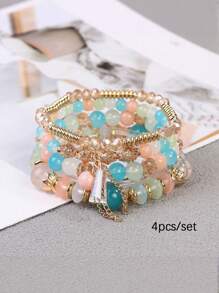 4 件女孩波西米亚多层串珠手链流苏百搭简约手链