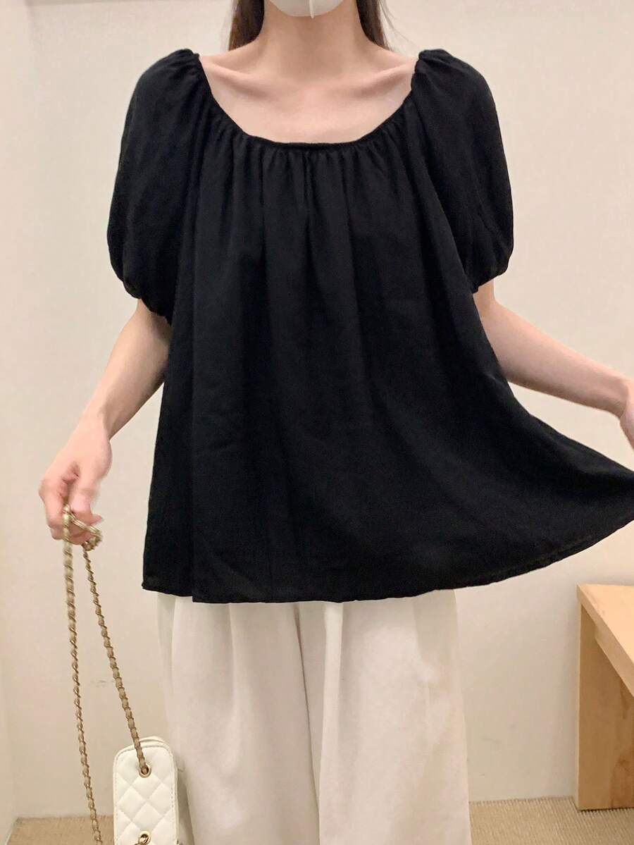 Áo cánh cổ tròn tay bồng rộng rãi, phong cách Hàn Quốc - màu đen - Xem 1