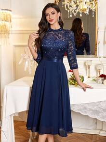 MIUSOL Abito a balze in chiffon con scollo a collo alto, maniche a 3/4, orlo con volant, decorato con paillettes e pizzo floreale, elegante abito da sera per signora, linea A, adatto per invitati a matrimoni, cerimonie di laurea, cene formali e altre occasioni, San Valentino - Blu Navy - Visualizzare 5