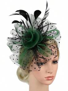 Ibeauti Fascinator Hats With Screentouch Lace Gloves Set Women Tea Party Cocktail Wedding Derby Headwear Short Gloves - 02 黑色/綠色 - 查看 7