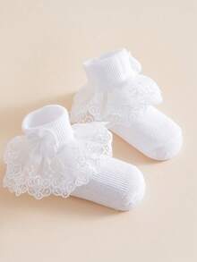 1 Pasang Kaos Kaki Pendek Tari Gaya Putri dengan Hiasan Pita Renda untuk Anak Perempuan/Balita, Musim Semi/Panas - Putih - View 3